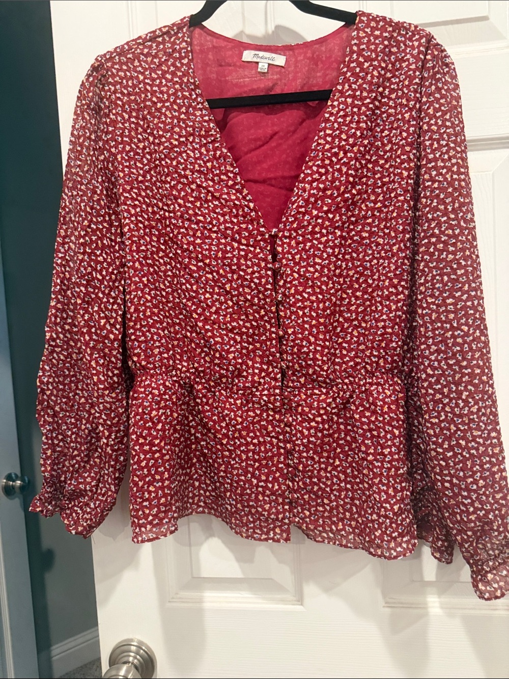 Madewell Red Micro-Floral V-Neck Peplum Blouse